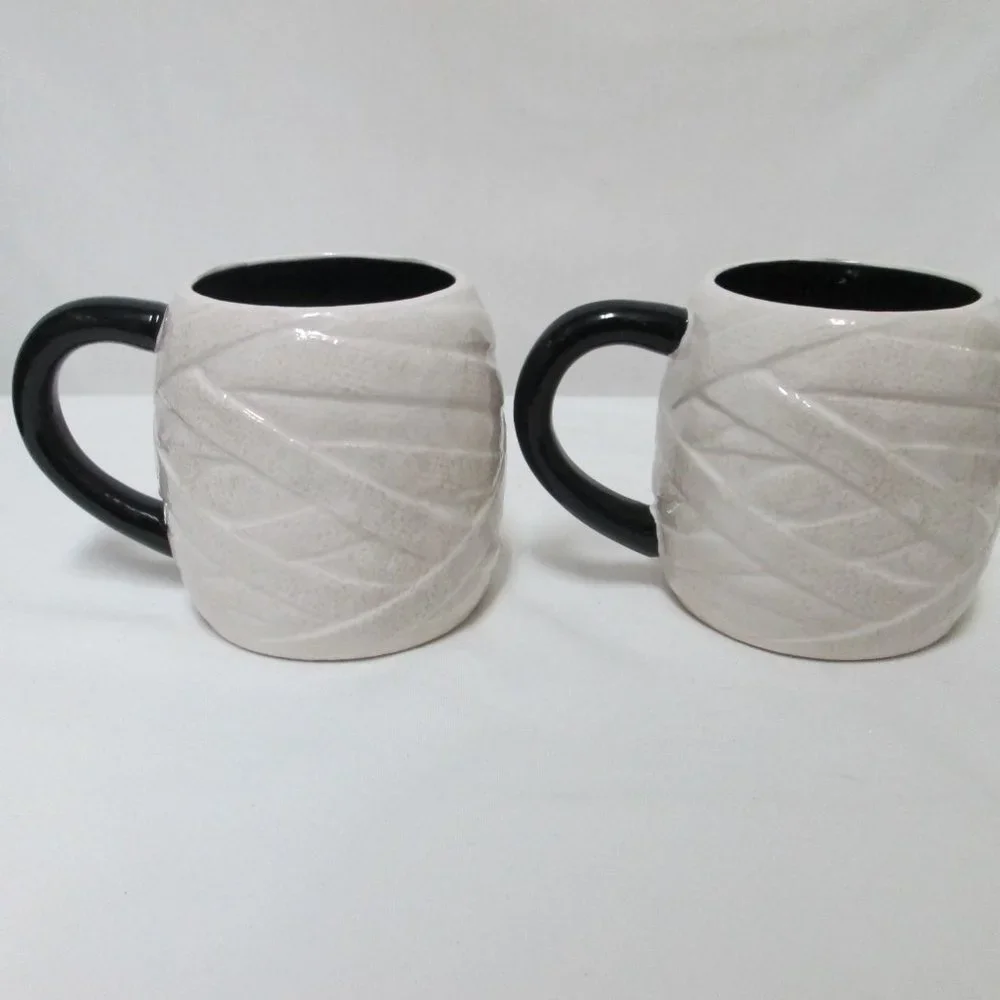 Pier 1 One Ghost Mug Cup Hand Painted Dolomite Halloween Spooky Set 2 dish safe